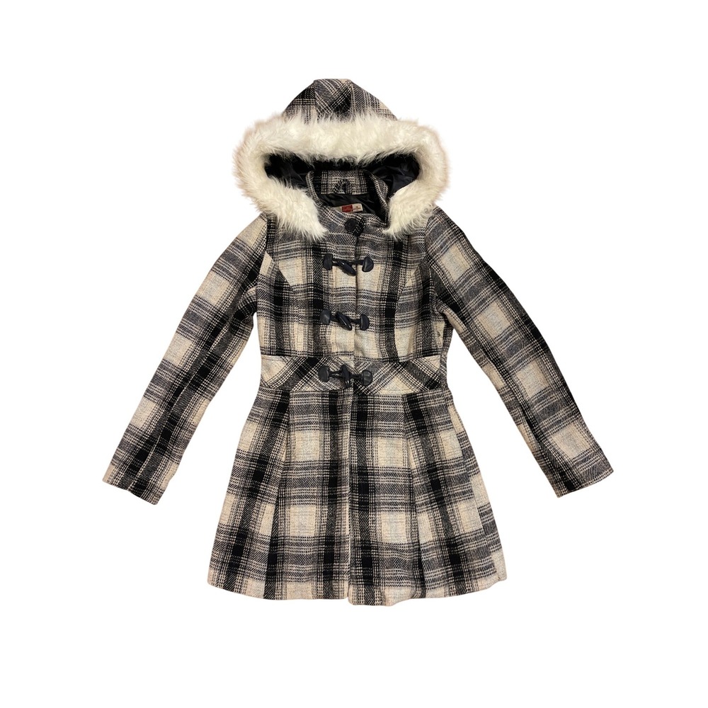 Ashley by 26 International USA Plaid Toggle Wool Coat Faux Fur Hood Jacket M‎